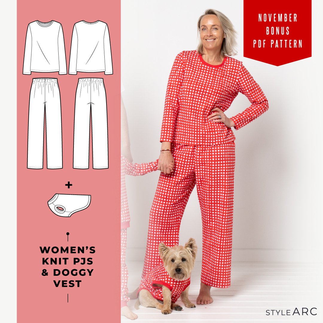 November Freebie PDF Patterns are here! Meet our new Womens Knit PJs & Doggy Vest & Harmony Woven Top 