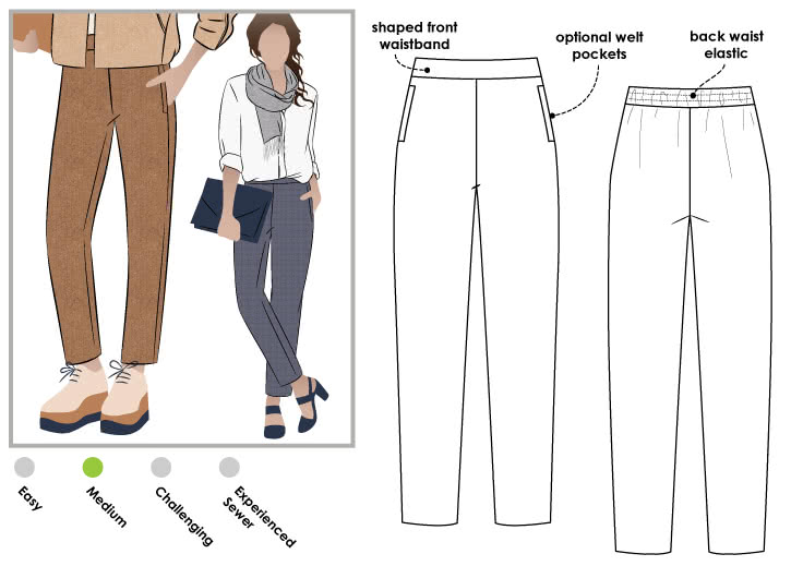 Pants with pockets and elastic waist sewing pattern, made-to-measure, easy  with video tutorial The Leslie Pants as A4 or Letter