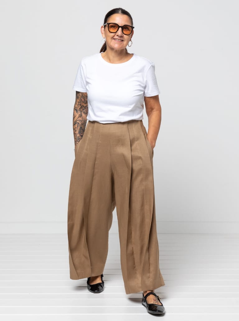 Atlas Woven Pant By Style Arc - Waisted wide leg crop pant with wide twisted pleat detail and side seam pockets.