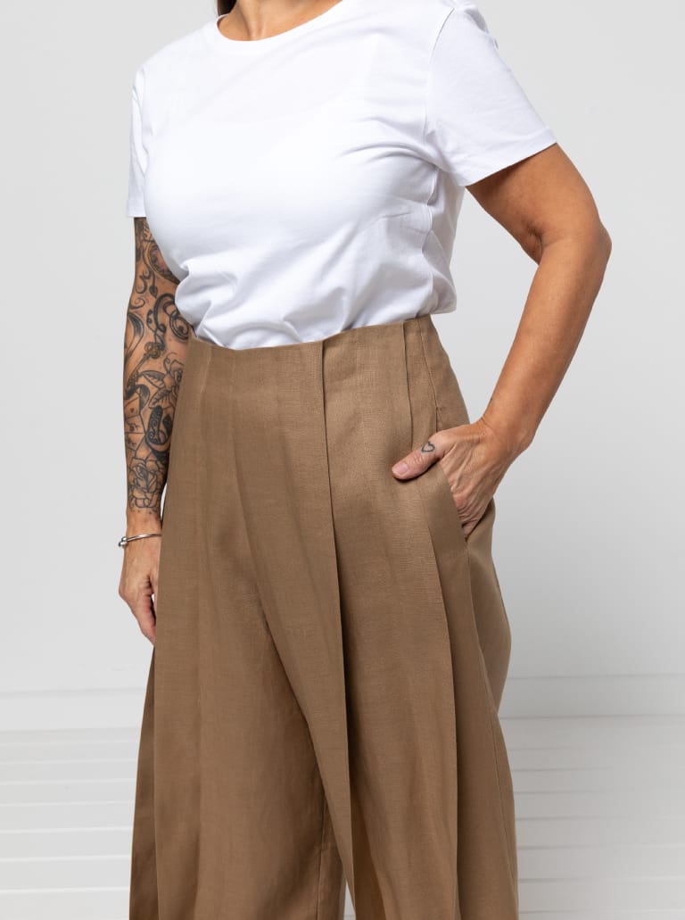 Atlas Woven Pant By Style Arc - Waisted wide leg crop pant with wide twisted pleat detail and side seam pockets.