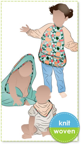 Baby Bundle By Style Arc - Pattern set including long sleeved full coverage baby bib, hooded towel, wash mitt and bandana bib.