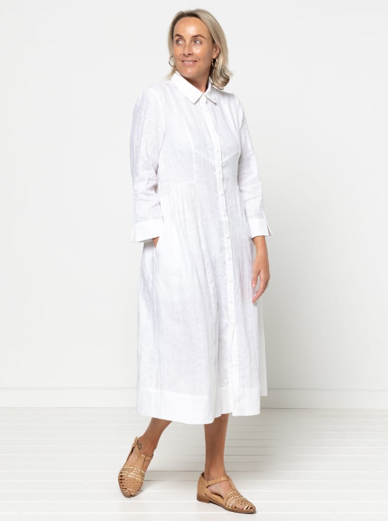 Hampton Woven Dress By Style Arc - Mid-calf length shirtdress with sleeve or sleeveless options.