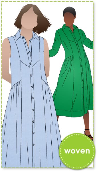 Hampton Woven Dress By Style Arc - Mid-calf length shirtdress with sleeve or sleeveless options.