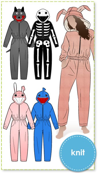 Onesie Knit Womens and Onesie Knit Womens Add-ons Sewing Pattern Bundle By Style Arc - Knit fabric one piece suit with zip, elasticated waist and optional hood or neck band and pattern pieces for 4 different characters to add to your Onesie pattern. Use your imagination to create your unique character.