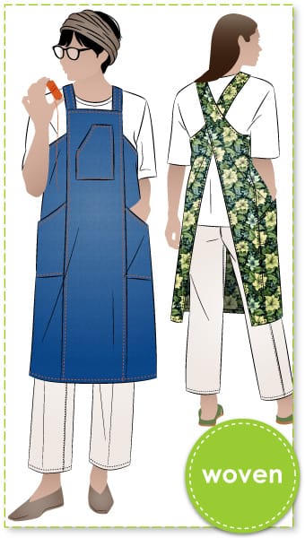 Pinnie Sewing Cooking Apron By Style Arc - Knee length, cross back apron with pockets.