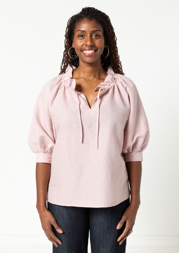 Reynolds Woven Top By Style Arc - Relaxed fit, ruffle neck, elbow length raglan sleeved top.