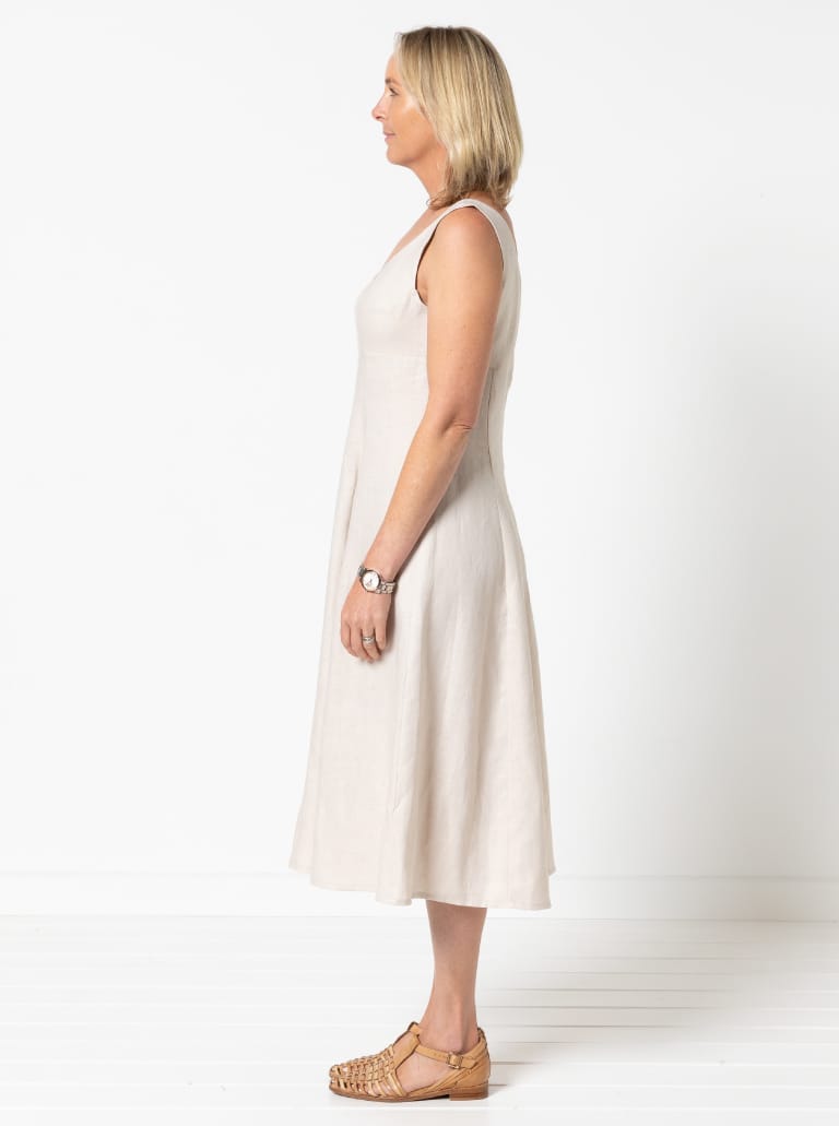 Sabrina Dress By Style Arc - Sleeveless dress with high waisted fitted bodice and gored skirt.