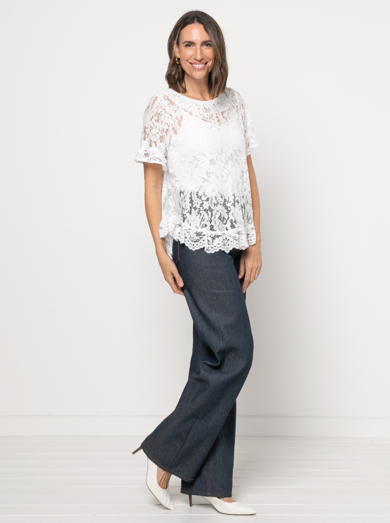 Selina Woven Top By Style Arc - Slip on "A" line easy fit top featuring sleeve and hem frills.