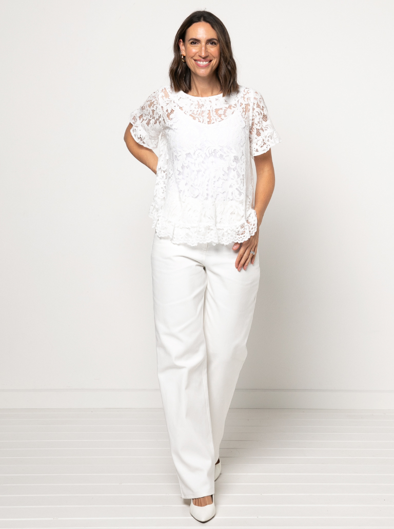 Selina Woven Top By Style Arc - Slip on "A" line easy fit top featuring sleeve and hem frills.