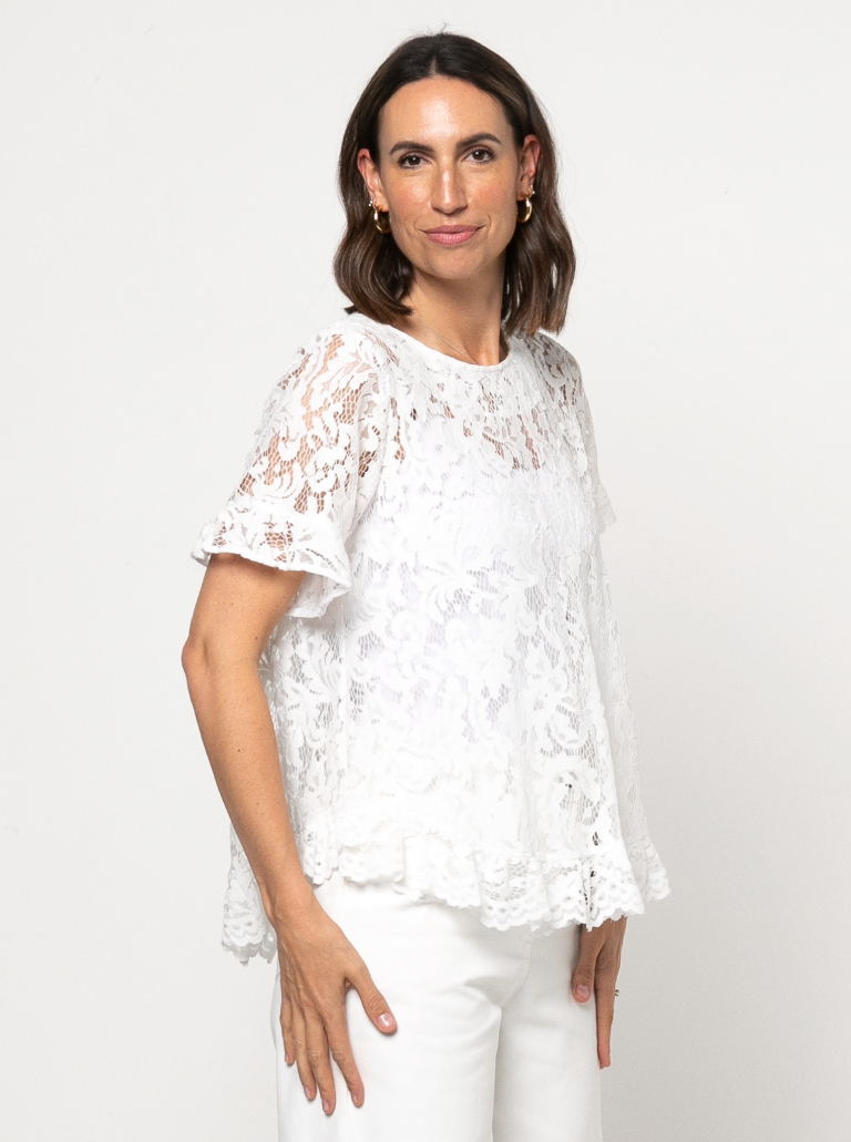 Selina Woven Top By Style Arc - Slip on "A" line easy fit top featuring sleeve and hem frills.