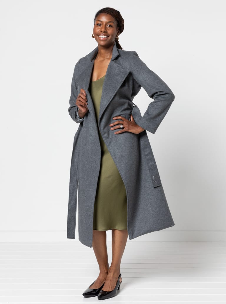 Stella Coat By Style Arc - Mid length fully lined wrap coat with long sleeves and tie belt.