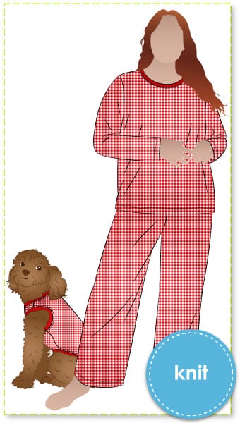 Womens Knit PJs and Doggy Vest Sewing Pattern Bundle By Style Arc - Traditional women's knit pyjama pattern plus a cozy pull-on knit dog vest layered pattern in sizes XS-XL (see Description for breed size guide).