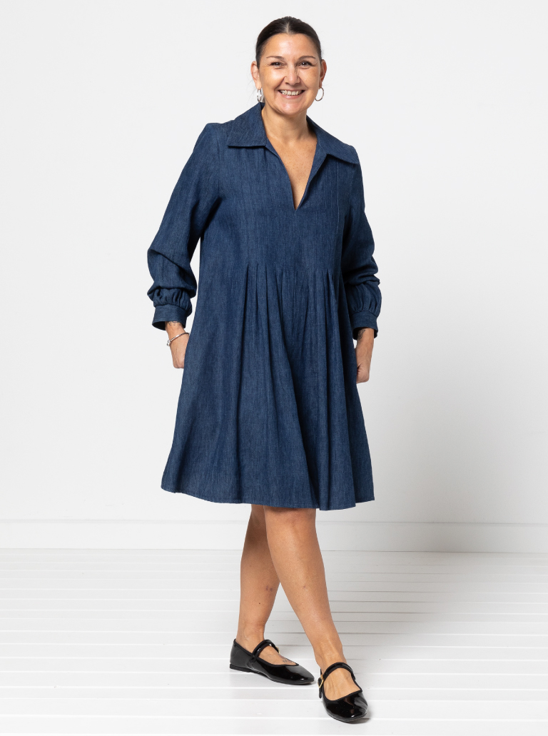 Xanthe Woven Dress By Style Arc - "A" line dress featuring front tucks, long sleeves, "V" neck and collar.