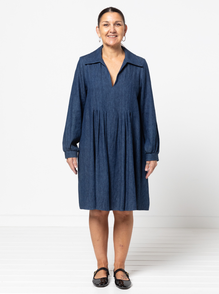 Xanthe Woven Dress By Style Arc - "A" line dress featuring front tucks, long sleeves, "V" neck and collar.