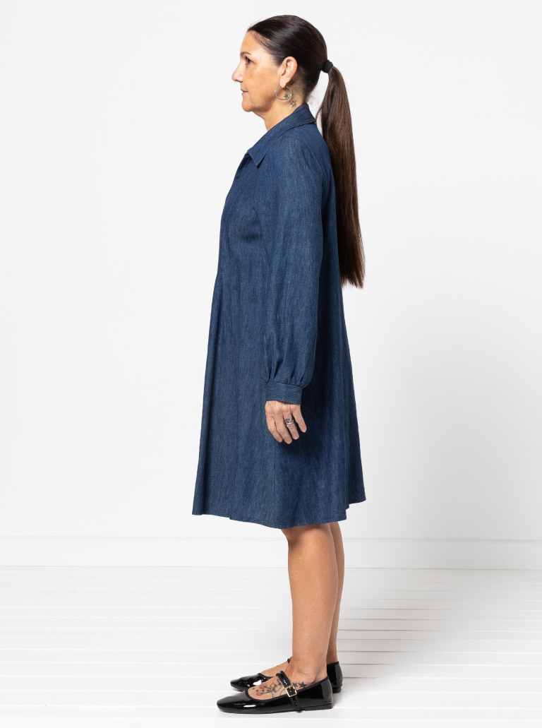 Xanthe Woven Dress By Style Arc - "A" line dress featuring front tucks, long sleeves, "V" neck and collar.