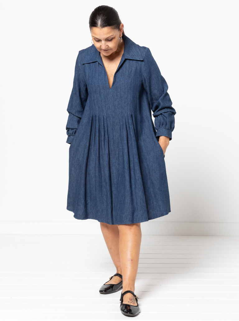 Xanthe Woven Dress By Style Arc - "A" line dress featuring front tucks, long sleeves, "V" neck and collar.