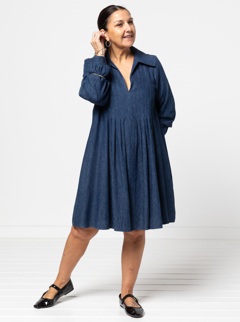 Xanthe Woven Dress By Style Arc - "A" line dress featuring front tucks, long sleeves, "V" neck and collar.