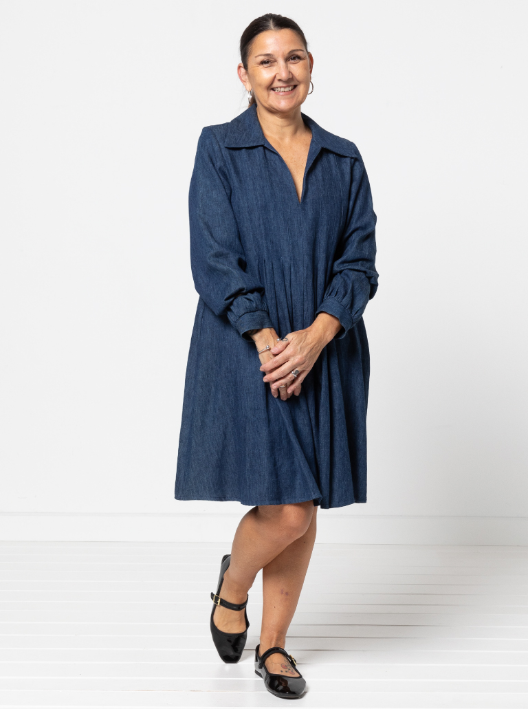 Xanthe Woven Dress By Style Arc - "A" line dress featuring front tucks, long sleeves, "V" neck and collar.